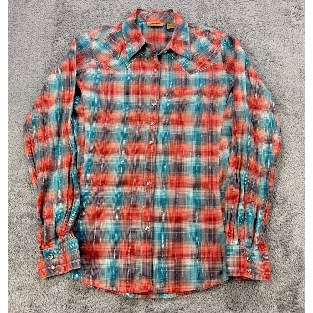 Wrangler Button Up Shirt Women S Rust Blue Metallic Plaid Embellished Cowboy - Picture 1 of 7